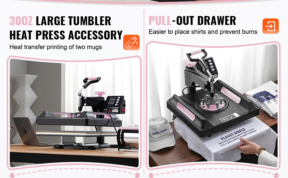 VEVOR heat press machine with 30oz tumbler accessory and pull-out drawer for easy shirt placement.