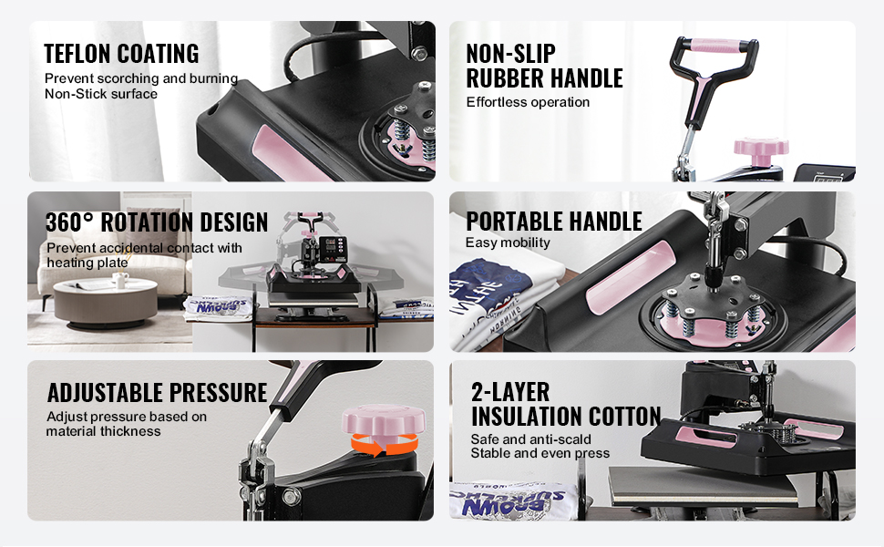 VEVOR heat press machine features teflon coating, 360° rotation, adjustable pressure, and non-slip handle.