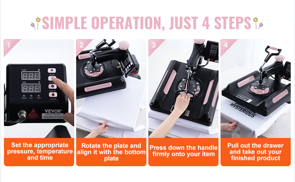 VEVOR heat press machine: set temperature, align plates, press handle, pull out finished product.