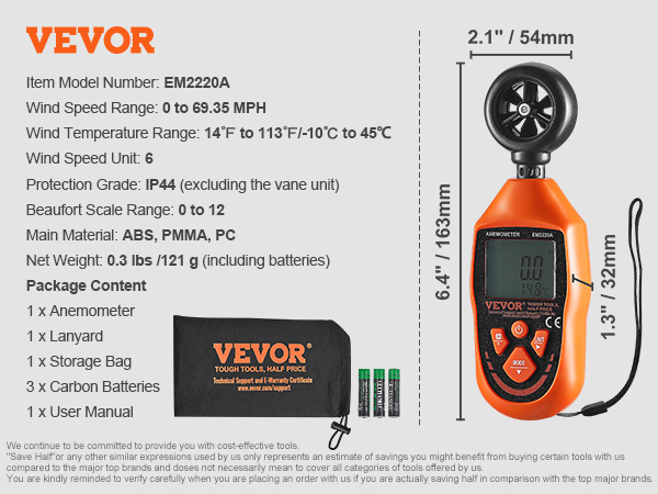 VEVOR handheld anemometer with 69.35 mph wind speed range, ip44 protection, and accessories included.