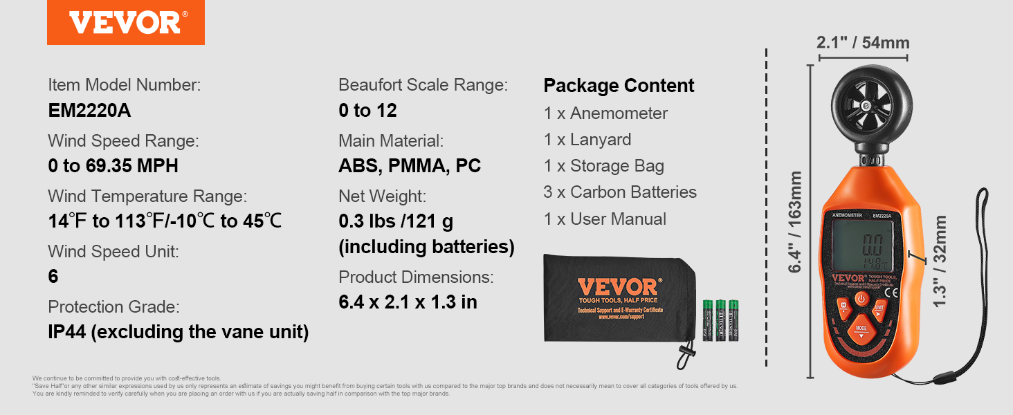 VEVOR handheld anemometer with 69.35 mph wind speed range, ip44 protection, and accessories included.