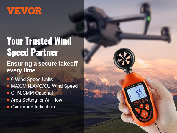VEVOR handheld anemometer in use with a drone in a mountainous landscape, showcasing wind speed features.