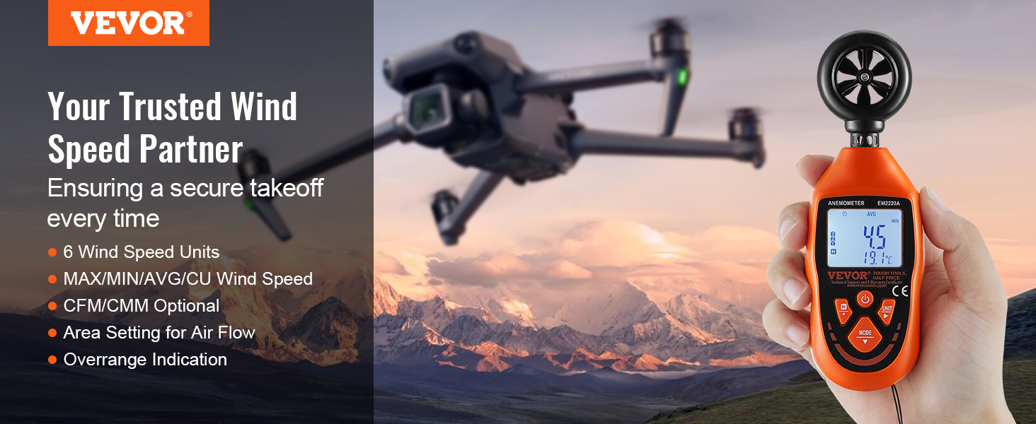 VEVOR handheld anemometer in use with a drone in a mountainous landscape, showcasing wind speed features.