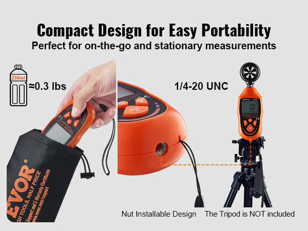 compact VEVOR handheld anemometer with carrying pouch, nut installable design, and tripod compatibility.
