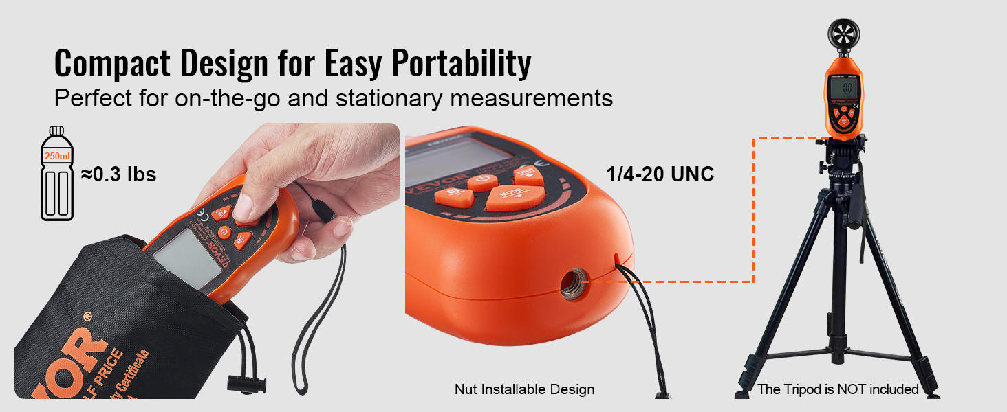 compact VEVOR handheld anemometer with carrying pouch, nut installable design, and tripod compatibility.