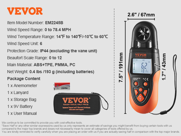 VEVOR bluetooth anemometer em2245b, wind speed 0-78.4 mph, ip44, includes lanyard, storage bag, 9v battery.