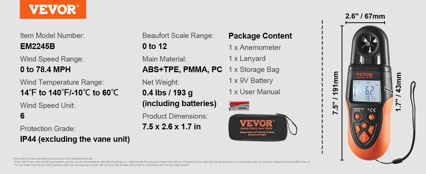 VEVOR bluetooth anemometer em2245b, wind speed 0-78.4 mph, ip44, includes lanyard, storage bag, 9v battery.
