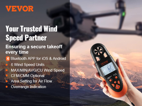 VEVOR bluetooth anemometer, held by a hand with a drone flying over a scenic mountain background.