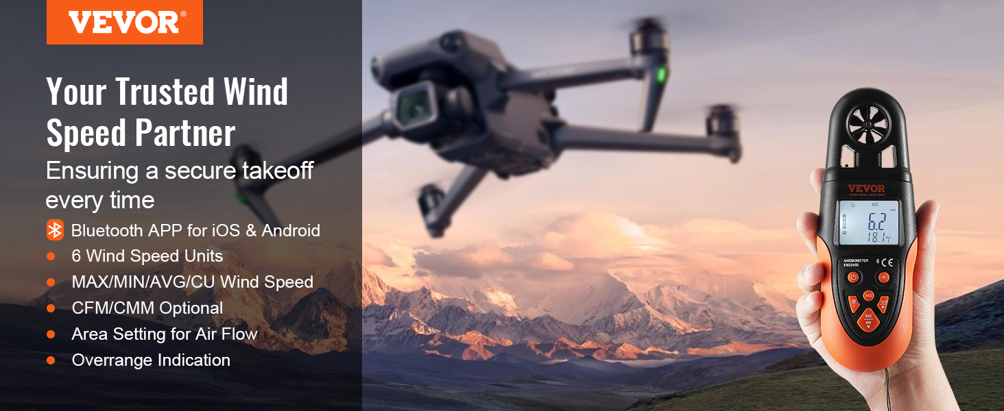 VEVOR bluetooth anemometer, held by a hand with a drone flying over a scenic mountain background.