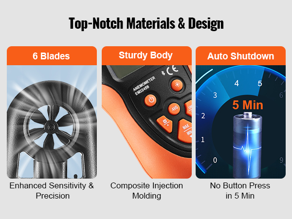 VEVOR bluetooth anemometer features 6 blades, a sturdy body, and 5-minute auto shutdown.