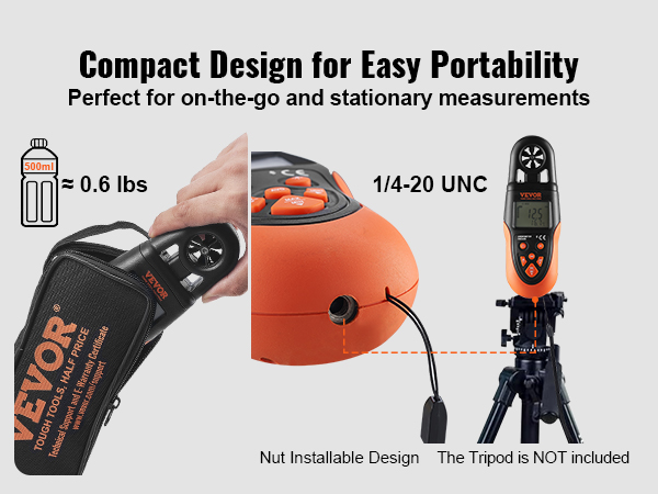 VEVOR bluetooth anemometer with compact design for easy portability, weighing approximately 0.6 lbs.