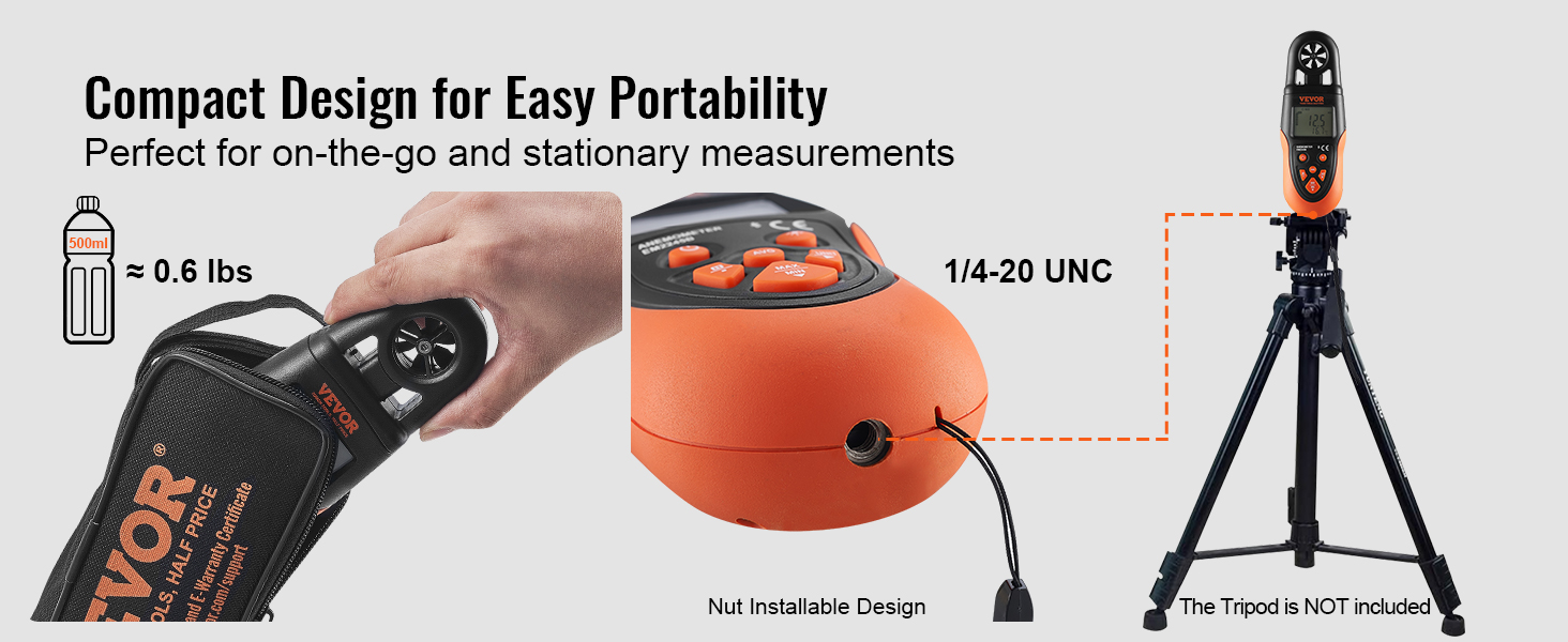 VEVOR bluetooth anemometer with compact design for easy portability, weighing approximately 0.6 lbs.