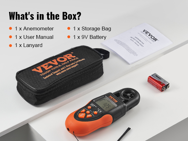 VEVOR bluetooth anemometer kit includes anemometer, user manual, lanyard, storage bag, and 9v battery.