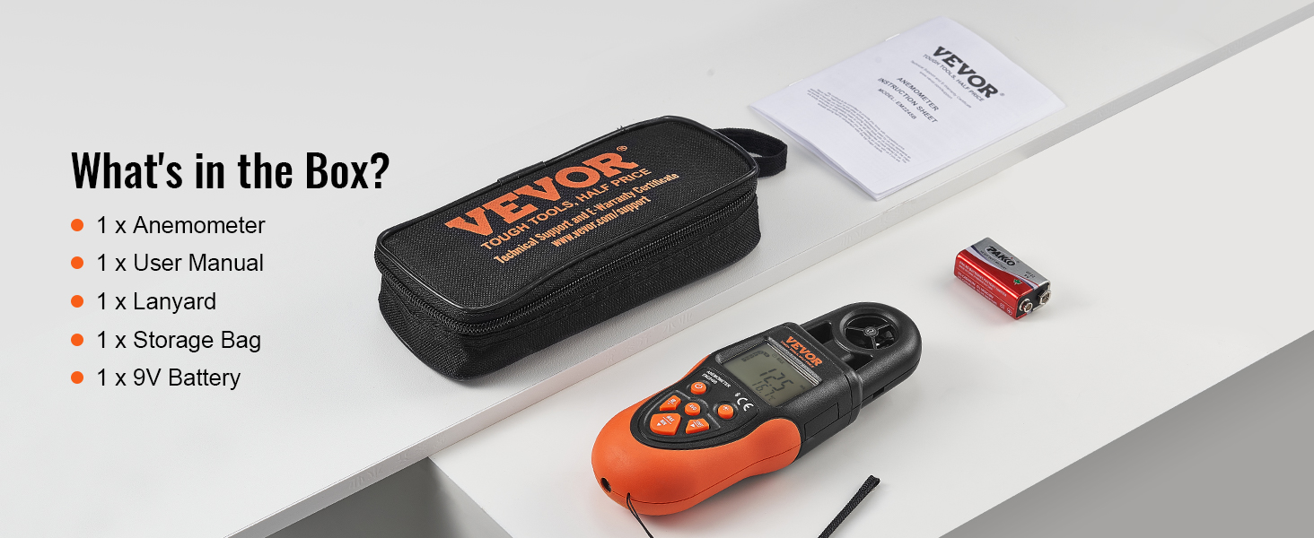 VEVOR bluetooth anemometer kit includes anemometer, user manual, lanyard, storage bag, and 9v battery.