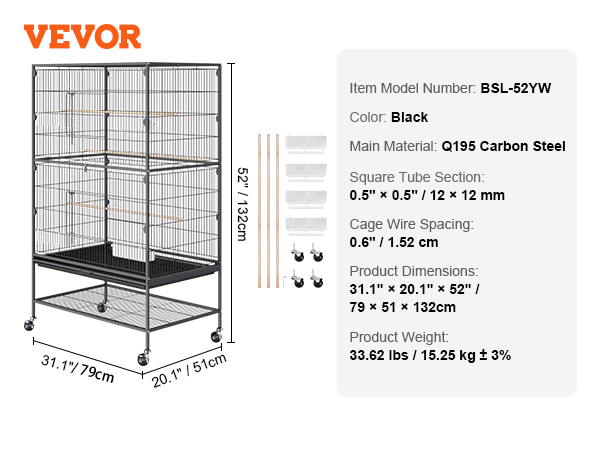 VEVOR bird cage, black, 52"x31.1"x20.1", model bsl-52yw, q195 carbon steel, 33.62 lbs.