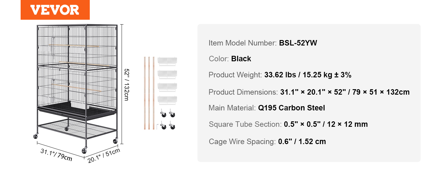 VEVOR bird cage, black, 52"x31.1"x20.1", model bsl-52yw, q195 carbon steel, 33.62 lbs.