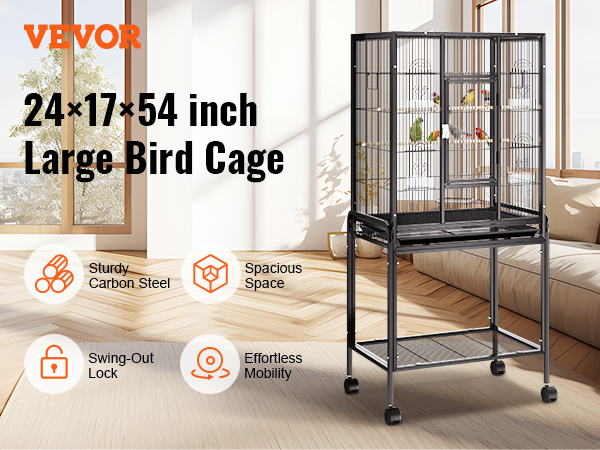 VEVOR bird cage, 24×17×54 inch, large, sturdy carbon steel, spacious, swing-out lock, effortless mobility.