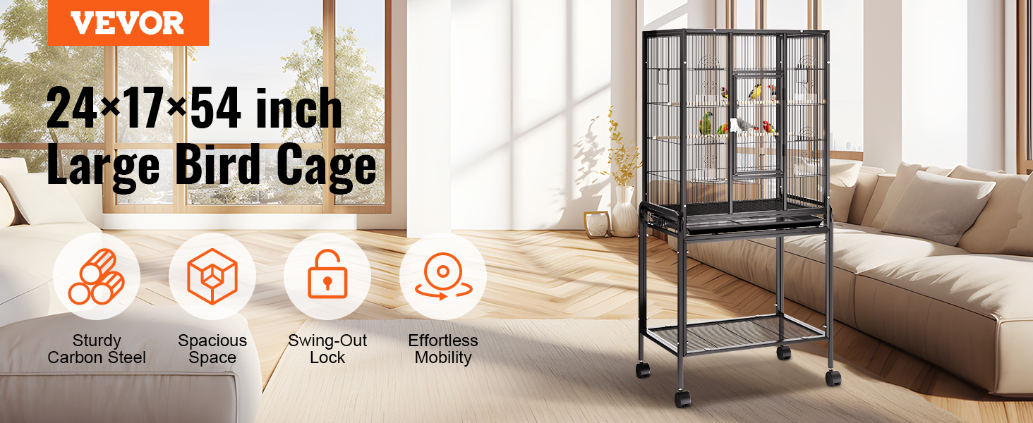 VEVOR bird cage, 24×17×54 inch, large, sturdy carbon steel, spacious, swing-out lock, effortless mobility.