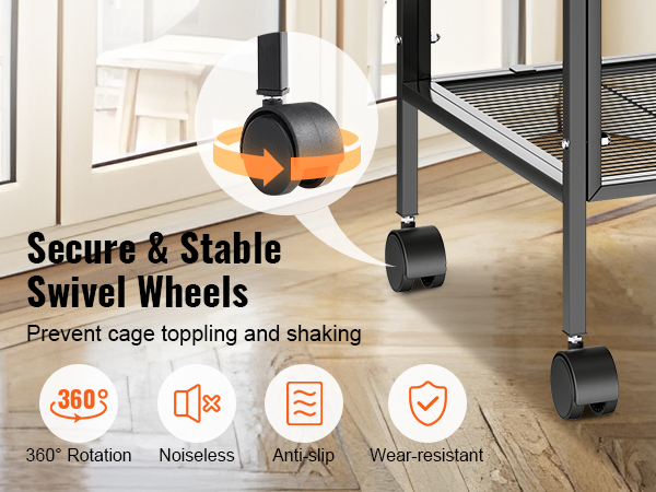 VEVOR bird cage with secure 360° swivel wheels for noiseless, anti-slip, and wear-resistant movement.