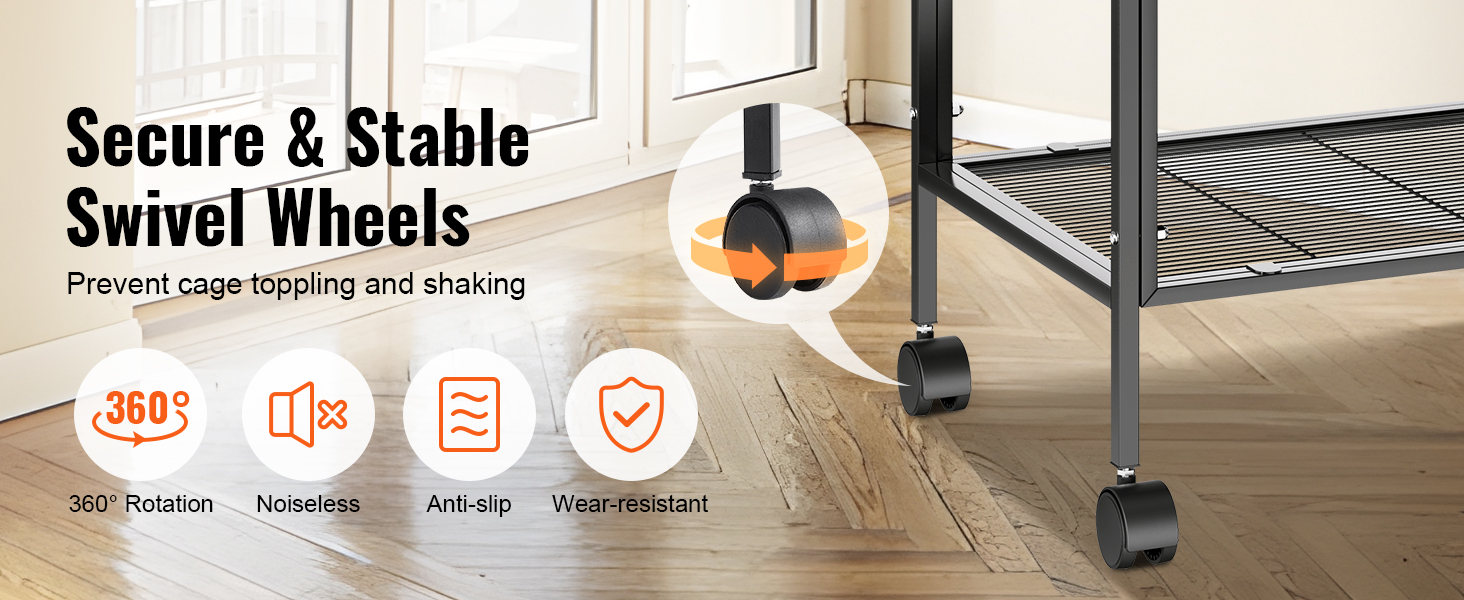 VEVOR bird cage with secure 360° swivel wheels for noiseless, anti-slip, and wear-resistant movement.