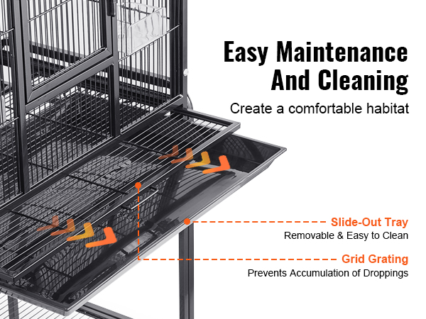 VEVOR bird cage features an easy-to-clean slide-out tray and grid grating to prevent droppings buildup.