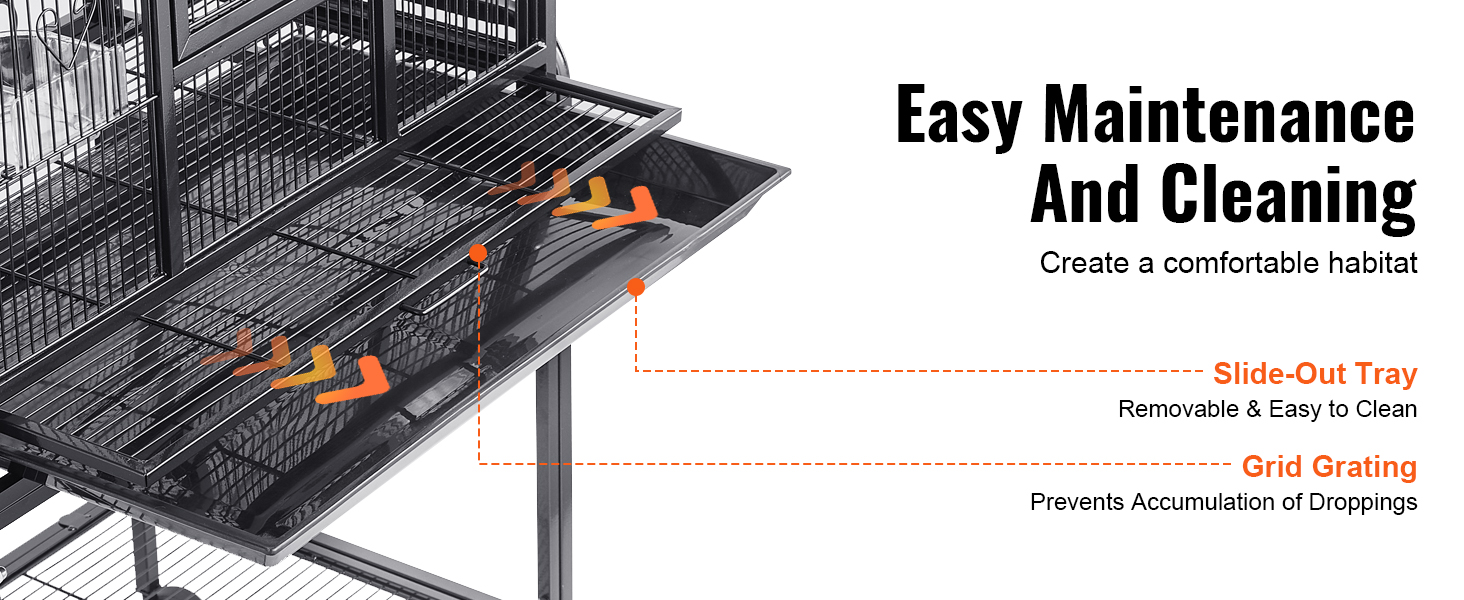 VEVOR bird cage features an easy-to-clean slide-out tray and grid grating to prevent droppings buildup.