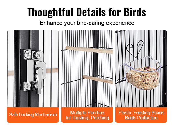 safe locking mechanism, multiple perches, and plastic feeding boxes in a VEVOR bird cage.