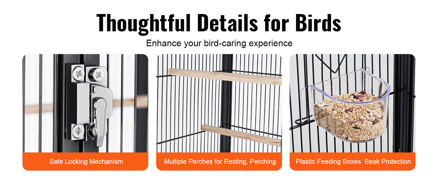 safe locking mechanism, multiple perches, and plastic feeding boxes in a VEVOR bird cage.