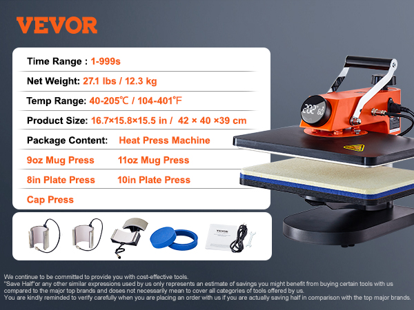 VEVOR heat press machine with mug, plate, and cap press attachments, 27.1 lbs, 40-205°c temp range.