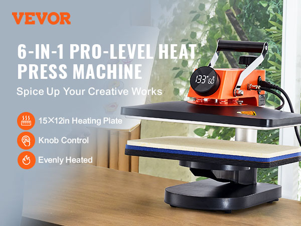 VEVOR heat press machine, 6-in-1 pro-level, showcased on a wooden table with greenery in the background.