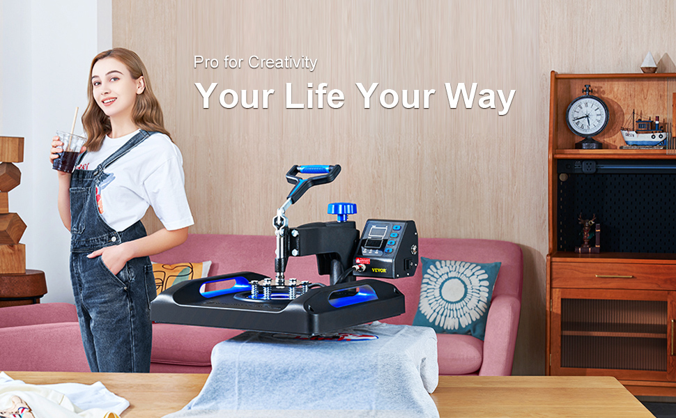 VEVOR heat press machine in modern living room setup with slogan "your life your way".