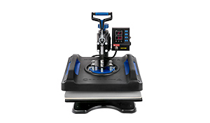VEVOR heat press machine with lcd control panel and ergonomic handle in black and blue.