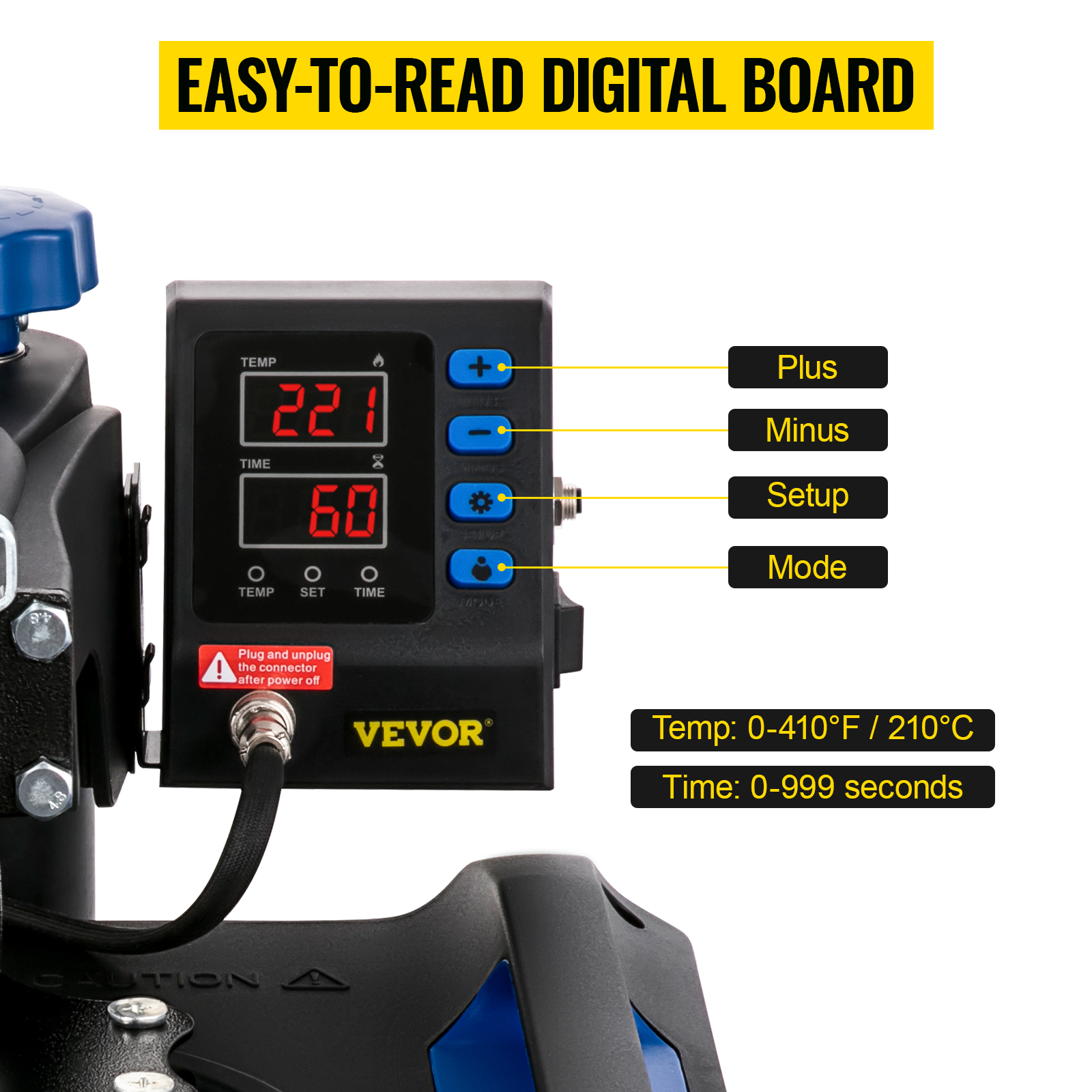 VEVOR heat press machine digital control board with temperature and time settings.