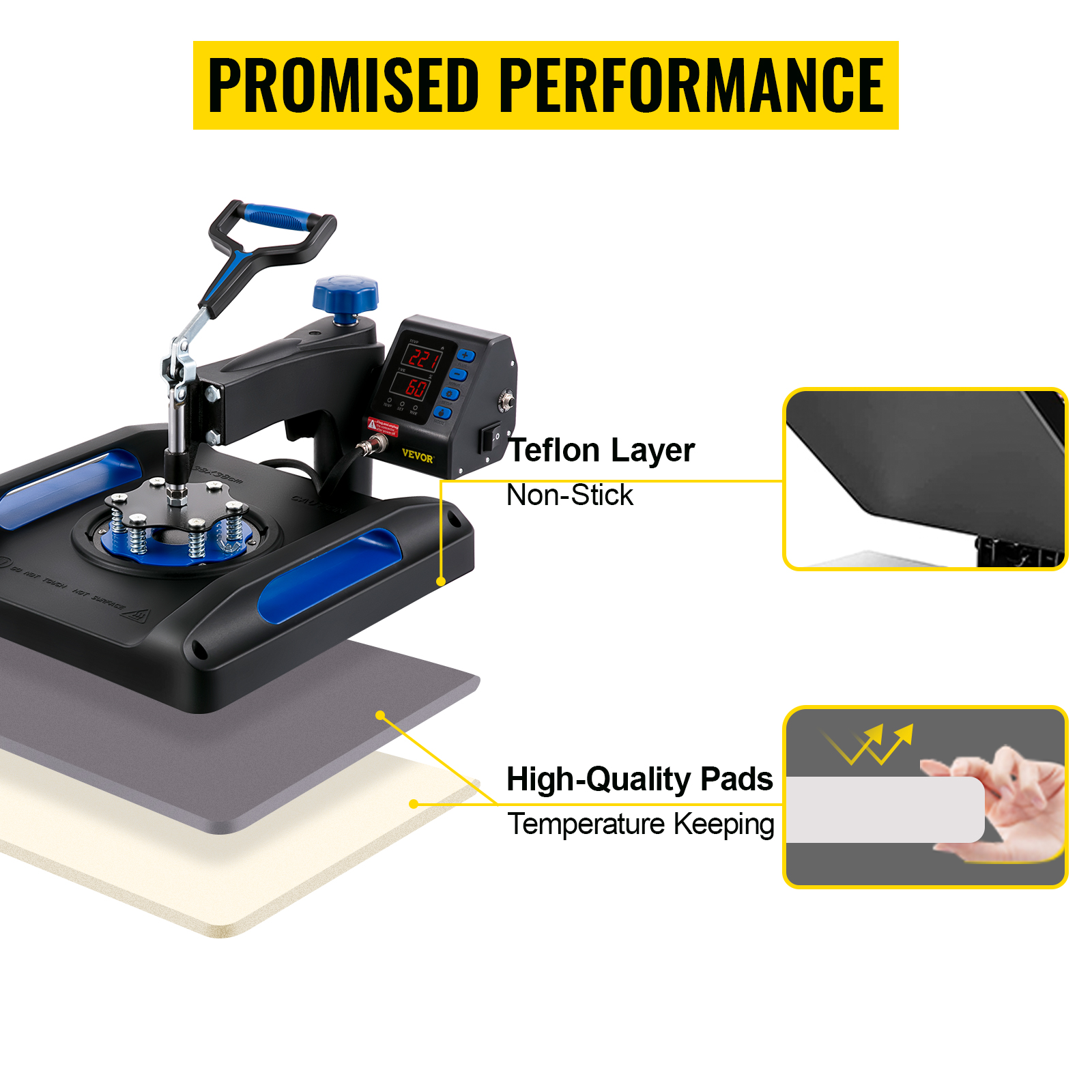 VEVOR heat press machine with teflon layer and high-quality temperature-keeping pads.