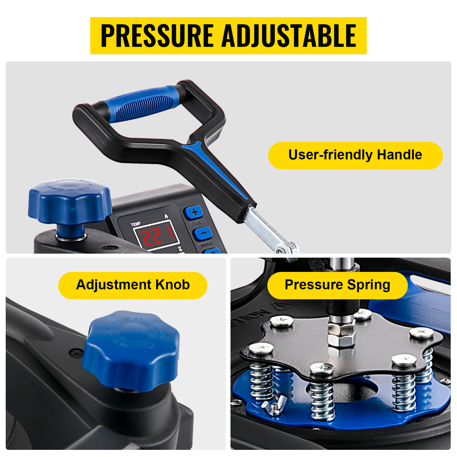 VEVOR heat press machine with user-friendly handle, adjustment knob, and pressure spring.