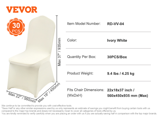 VEVOR spandex chair covers 30pcs, ivory white, 22x18x37 inches, 9.4 lbs, rd-vv-04 model, fits various chairs