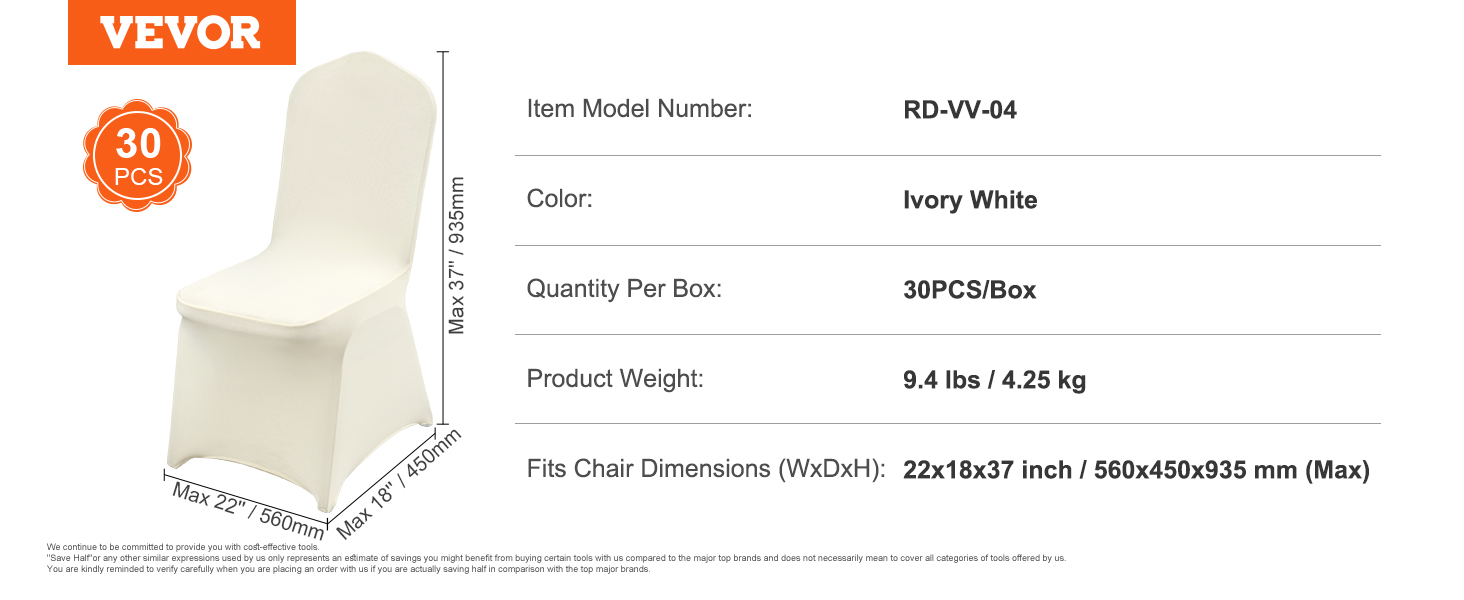 VEVOR spandex chair covers 30pcs, ivory white, 22x18x37 inches, 9.4 lbs, rd-vv-04 model, fits various chairs