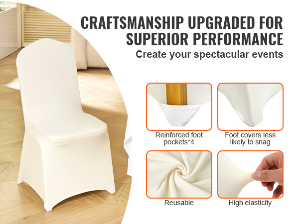 VEVOR spandex chair covers with reinforced foot pockets, reusable fabric, and high elasticity.