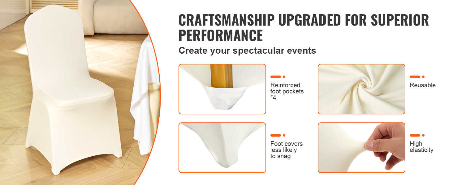 VEVOR spandex chair covers with reinforced foot pockets, reusable fabric, and high elasticity.