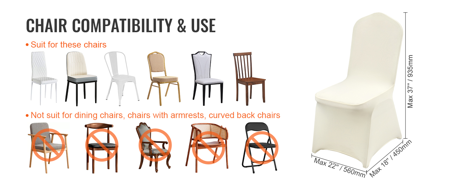 chair compatibility for VEVOR spandex chair covers; fits standard chairs, not armrests or curved backs.