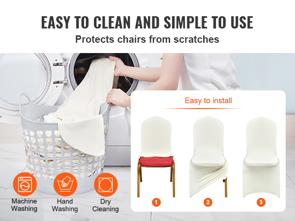 easy-to-clean VEVOR spandex chair covers with simple installation, options for machine washing and hand washing.