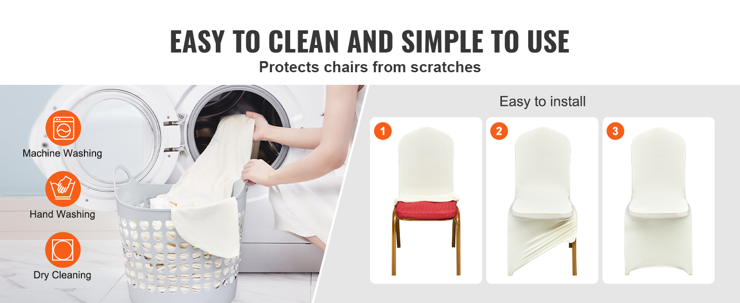 easy-to-clean VEVOR spandex chair covers with simple installation, options for machine washing and hand washing.