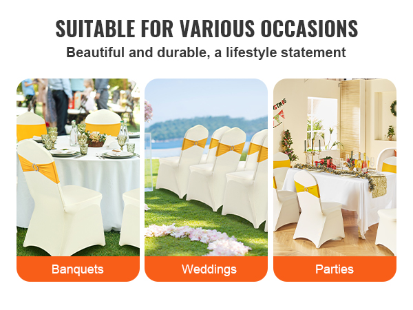 VEVOR spandex chair covers for banquets, weddings, and parties with yellow sashes and elegant settings.