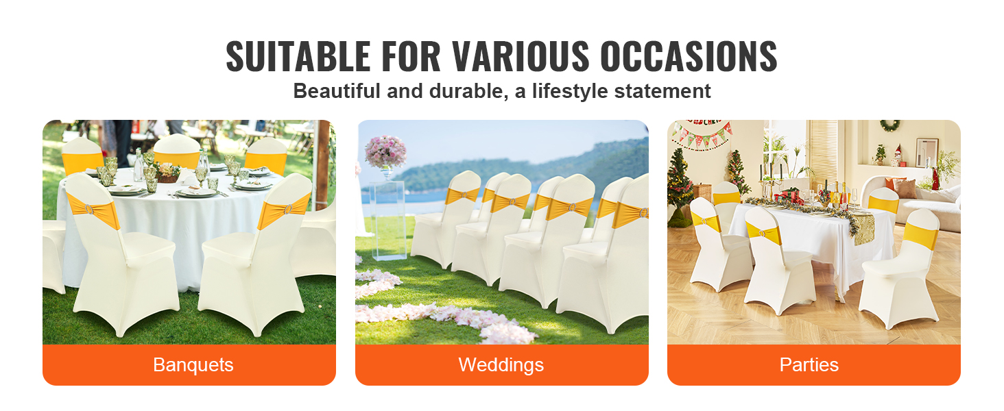 VEVOR spandex chair covers for banquets, weddings, and parties with yellow sashes and elegant settings.
