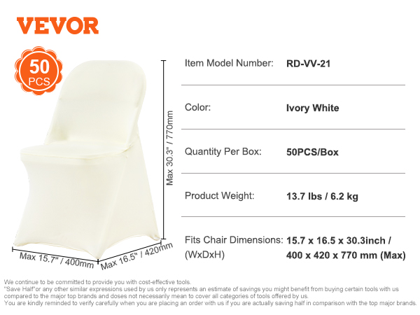 VEVOR spandex folding chair covers, ivory white, 50pcs per box, fits 15.7x16.5x30.3 inch chairs.