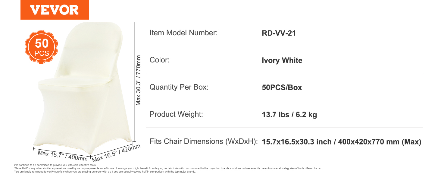 VEVOR spandex folding chair covers, ivory white, 50pcs per box, fits 15.7x16.5x30.3 inch chairs.