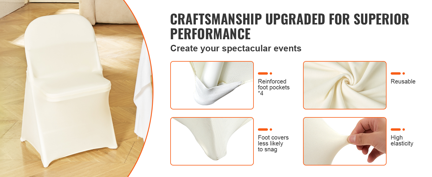 VEVOR spandex folding chair covers: reinforced foot pockets, reusable, high elasticity, anti-snag.