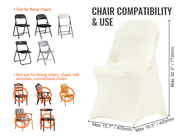 VEVOR spandex folding chair covers for standard folding chairs; unsuitable for dining and armrest chairs.