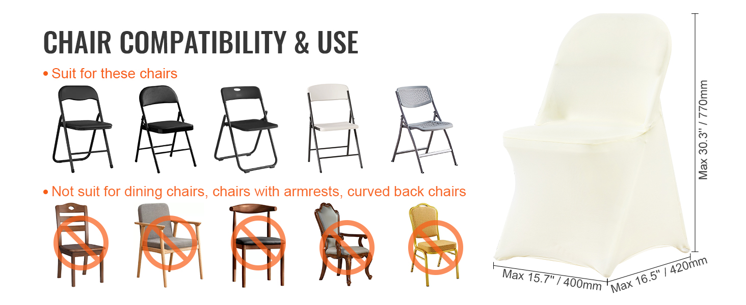VEVOR spandex folding chair covers for standard folding chairs; unsuitable for dining and armrest chairs.