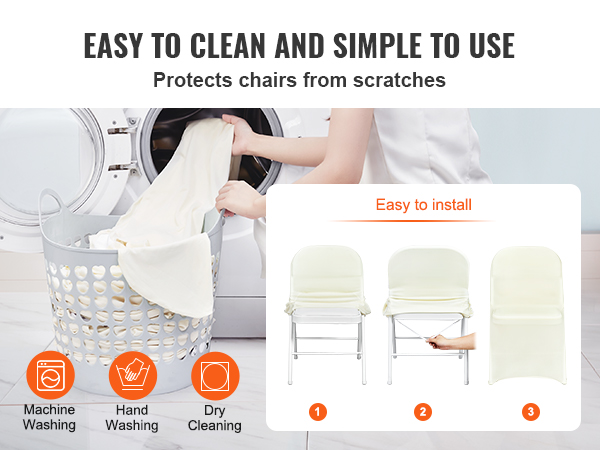VEVOR spandex folding chair covers, easy to clean, machine washable, protect chairs from scratches.